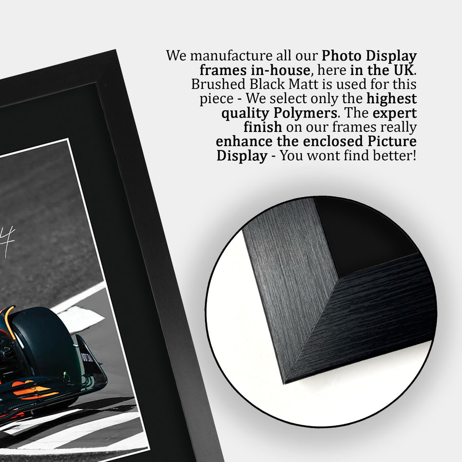 Close-up of the brushed black frame