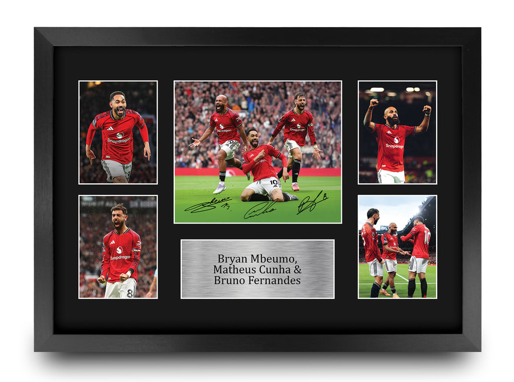 Bruno Fernandes, Bryan Mbeumo, Matheus Cunha A3 framed print