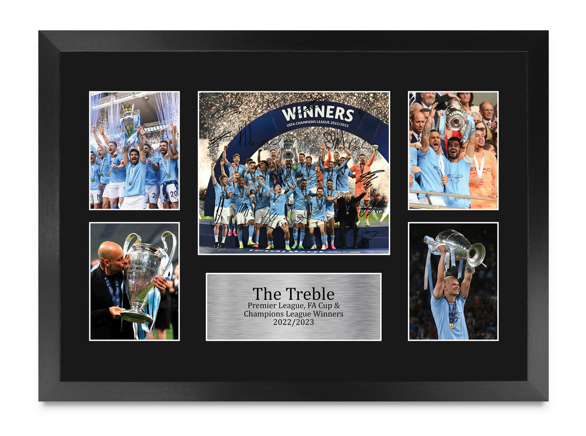 Manchester Blue The Treble Premier League, FA Cup & Champions League Winners 22/23 A3 framed print