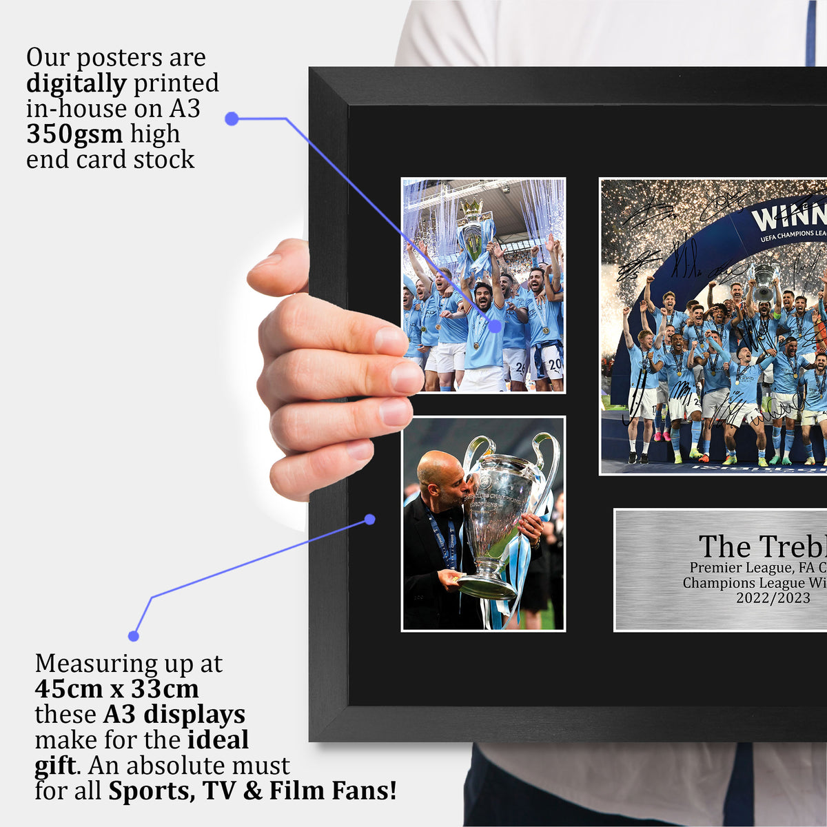 Manchester Blue The Treble Premier League, FA Cup & Champions League Winners 22/23 A3 framed print, view 3