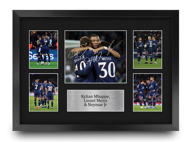 Kylian Mbappe, Lionel Messi & Neymar Jr Paris Blue and Reds A3 Framed Print