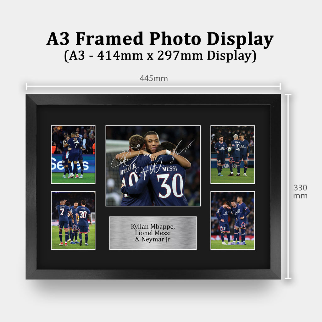 Kylian Mbappe, Lionel Messi & Neymar Jr Paris Blue and Reds A3 framed print, view 2