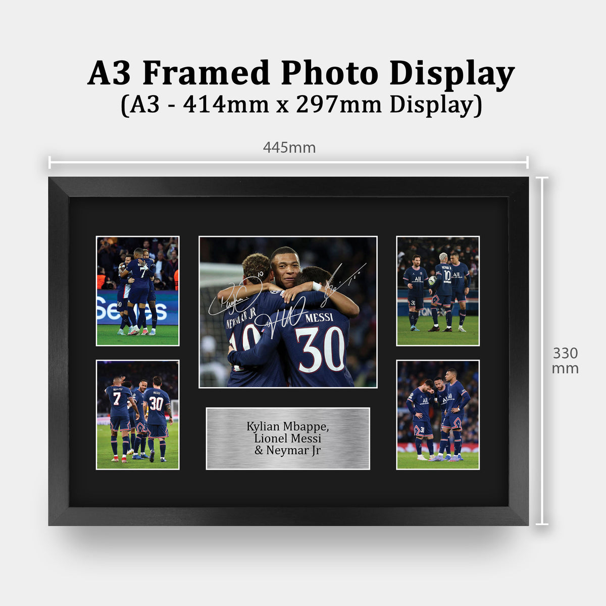 Kylian Mbappe, Lionel Messi & Neymar Jr Paris Blue and Reds A3 framed print, view 2